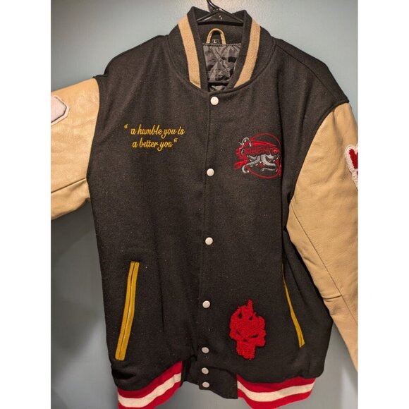 Mens Varsity Leather Jacket Khiemton Humble Tan Black Large - Picture 2 of 10